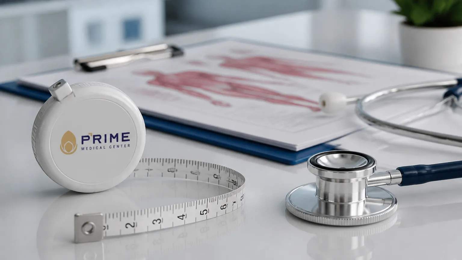 Fita métrica médica sobre mesa clínica representando como medir tamanho do pênis.