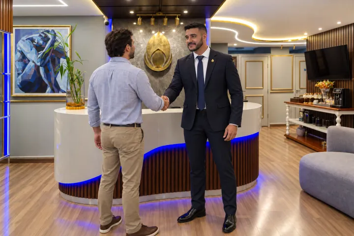 Iago Alves acolhendo um homem na recepção da Prime Medical Center.