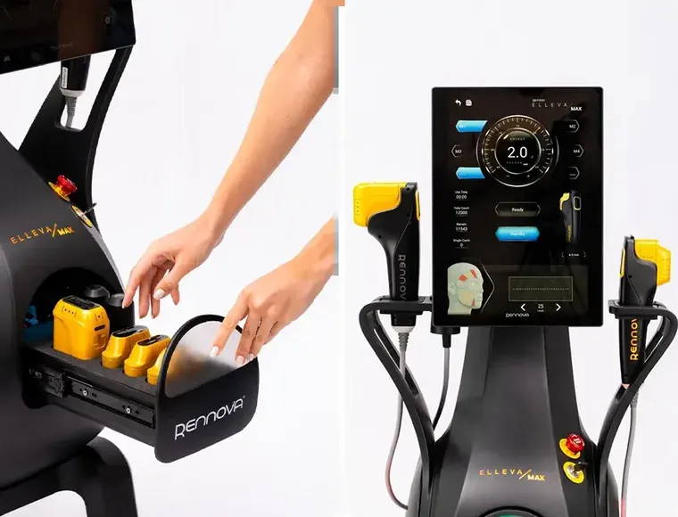 Console do Elleva Max, da Rennova, com as ponteiras micro e macrofocadas no suporte