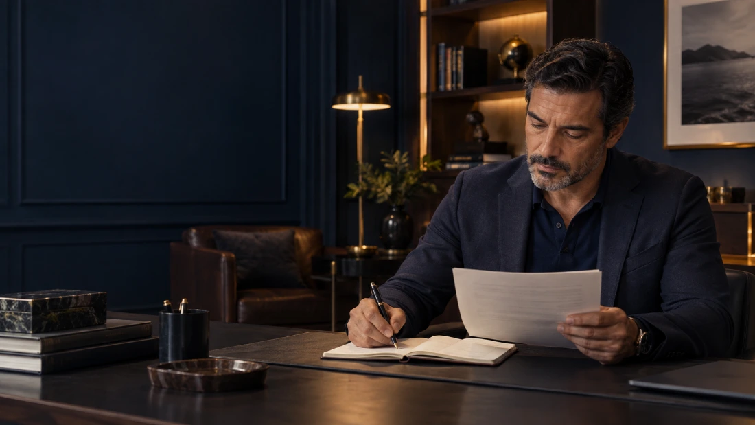 Homem concentrado lendo e fazendo anotações