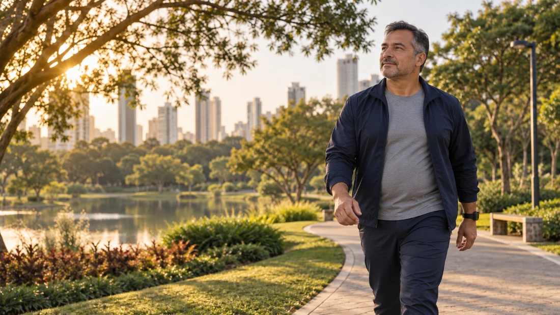 Homem adulto caminhando em ambiente urbano arborizado