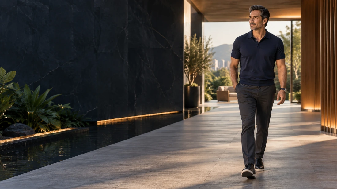 Homem adulto caminhando em ambiente contemporâneo