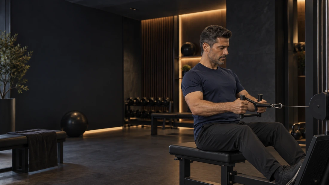Homem realizando exercício resistido em ambiente reservado
