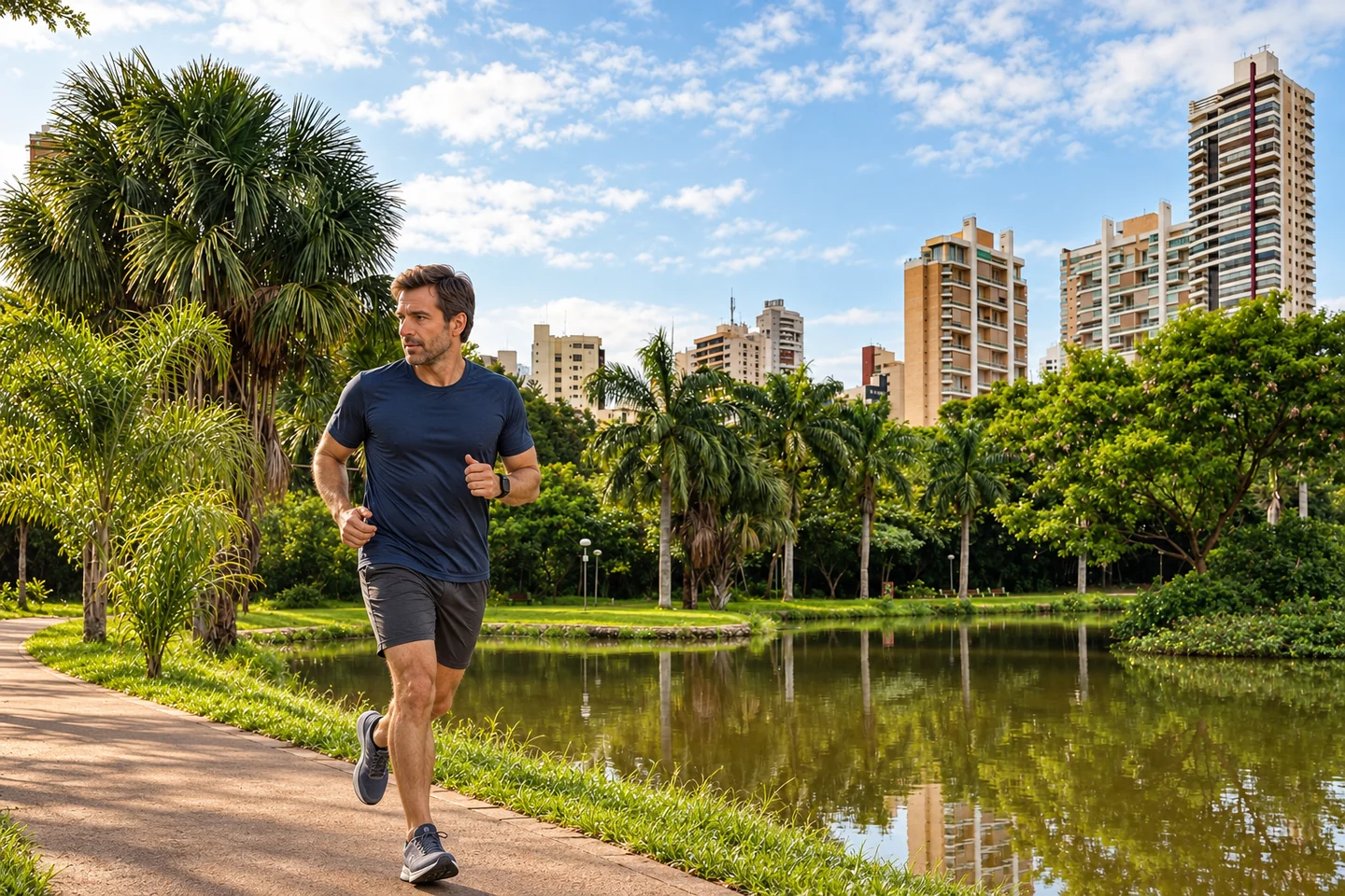Homem adulto realizando corrida leve no Parque Vaca Brava em Goiânia.