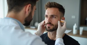 Homem em clínica recebendo avaliação para harmonização facial masculina