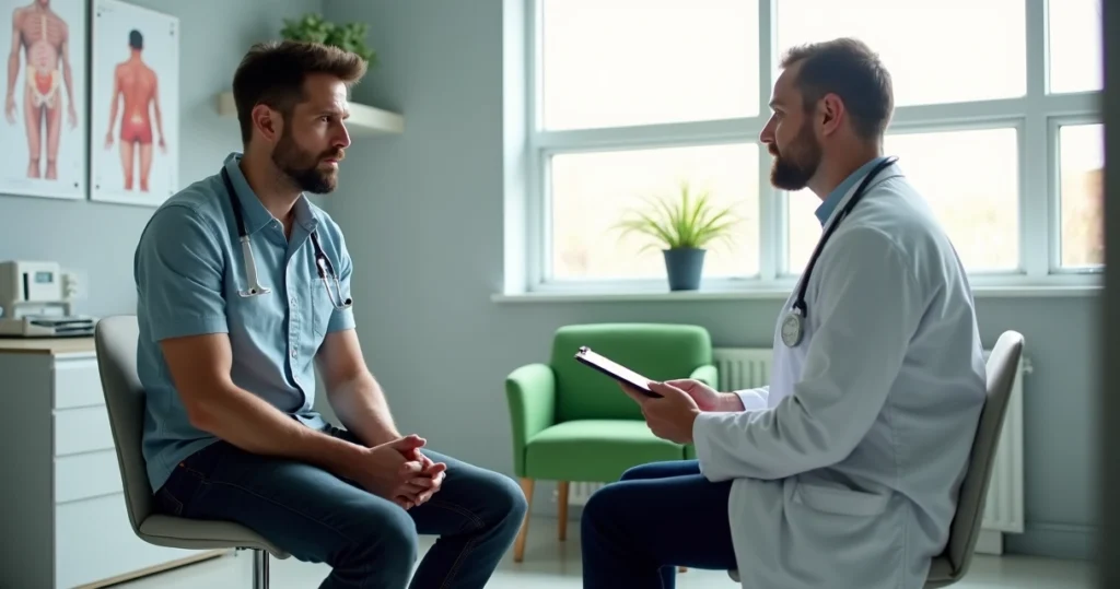 Homem adulto em consulta médica discutindo baixa libido com urologista
