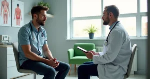 Homem adulto em consulta médica discutindo baixa libido com urologista