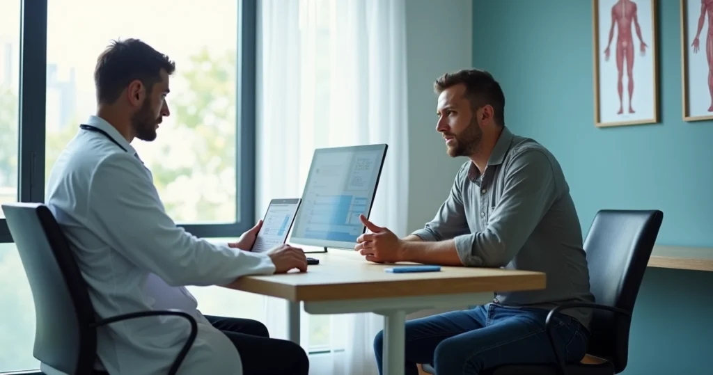 Homem conversando com médico sobre exames e tratamento de testosterona baixa