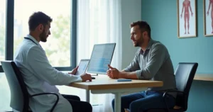 Homem conversando com médico sobre exames e tratamento de testosterona baixa